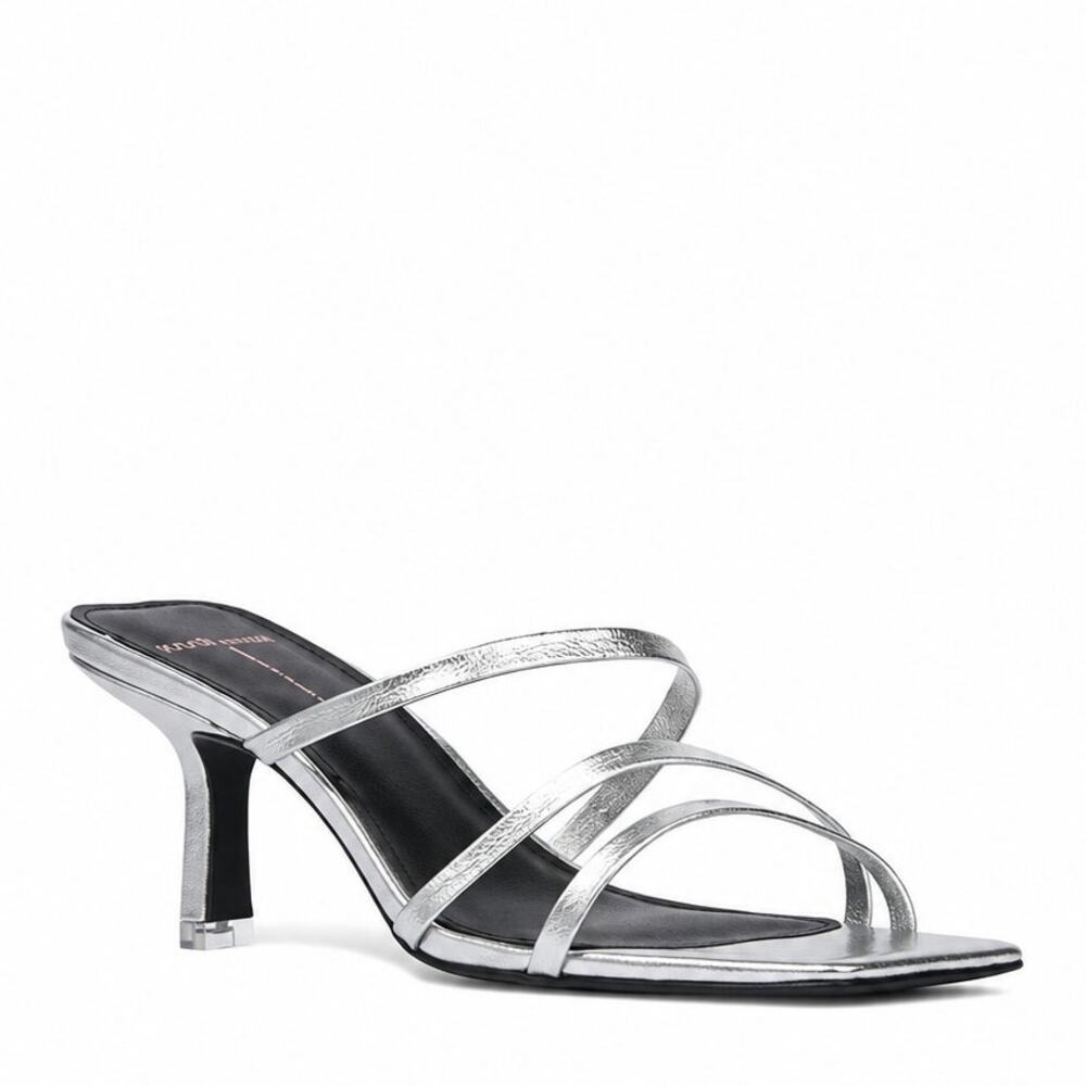 Black Suede Studio Felicity Strappy Slide Sandal Kitten Heel Calfskin Mule Pump